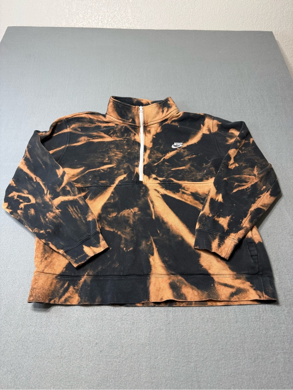 Vtg Nike Men's XL Black/Tan Tie-Dye Fleece 1/4 Zip Mock Neck Sweatshirt Pockets